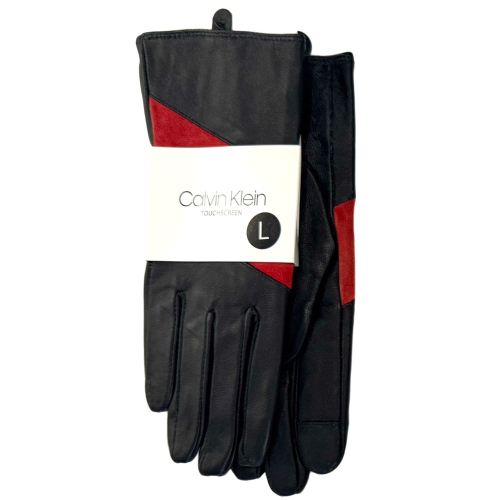 Calvin Klein Black & Red Leather Touchscreen Gloves NWT